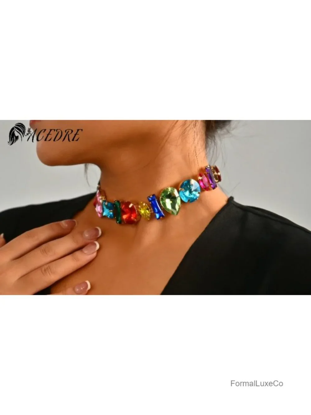 Alloy Gemstone Rhinestone Choker Necklace with Lobster Clasp Adjustable Chain